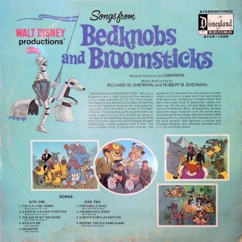 The back cover of Disney's "Bedknobs and Broomsticks" soundtrack showcases the film's magical animated sequences including the medieval knight. Disney Bedknobs and Broomsticks album cover featuring animated knight with lance and colorful character scenes.