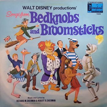 The front cover of Disney's "Bedknobs and Broomsticks" soundtrack features the film's memorable cast of magical characters. Disney Bedknobs and Broomsticks album front cover showing witch on broomstick with animated characters including knight.