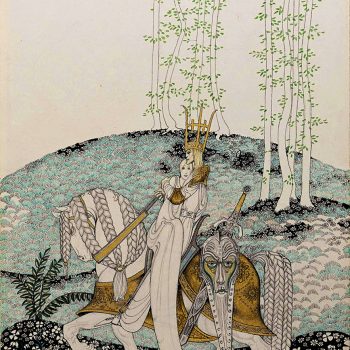 Kay Nielsen's ethereal illustration from "East of the Sun and West of the Moon" showcases his distinctive Nordic fairy tale aesthetic. Two crowned figures in flowing robes seated in pastoral landscape with delicate trees in Art Nouveau style illustration.