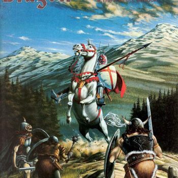 Larry Elmore's dynamic cover art for Dragon Magazine #62 captures the classic fantasy adventure of heroic combat against monstrous foes. Armored knight on white horse charging at orcs with weapons in mountainous landscape from Dragon Magazine cover art.