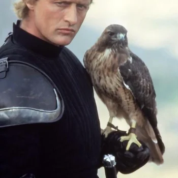 Rutger Hauer as Etienne Navarre in Richard Donner's "Ladyhawke" showcases the intimate bond between cursed knight and hawk. Knight in black armor with hawk perched on gauntlet in close portrait from 1985 Ladyhawke film.